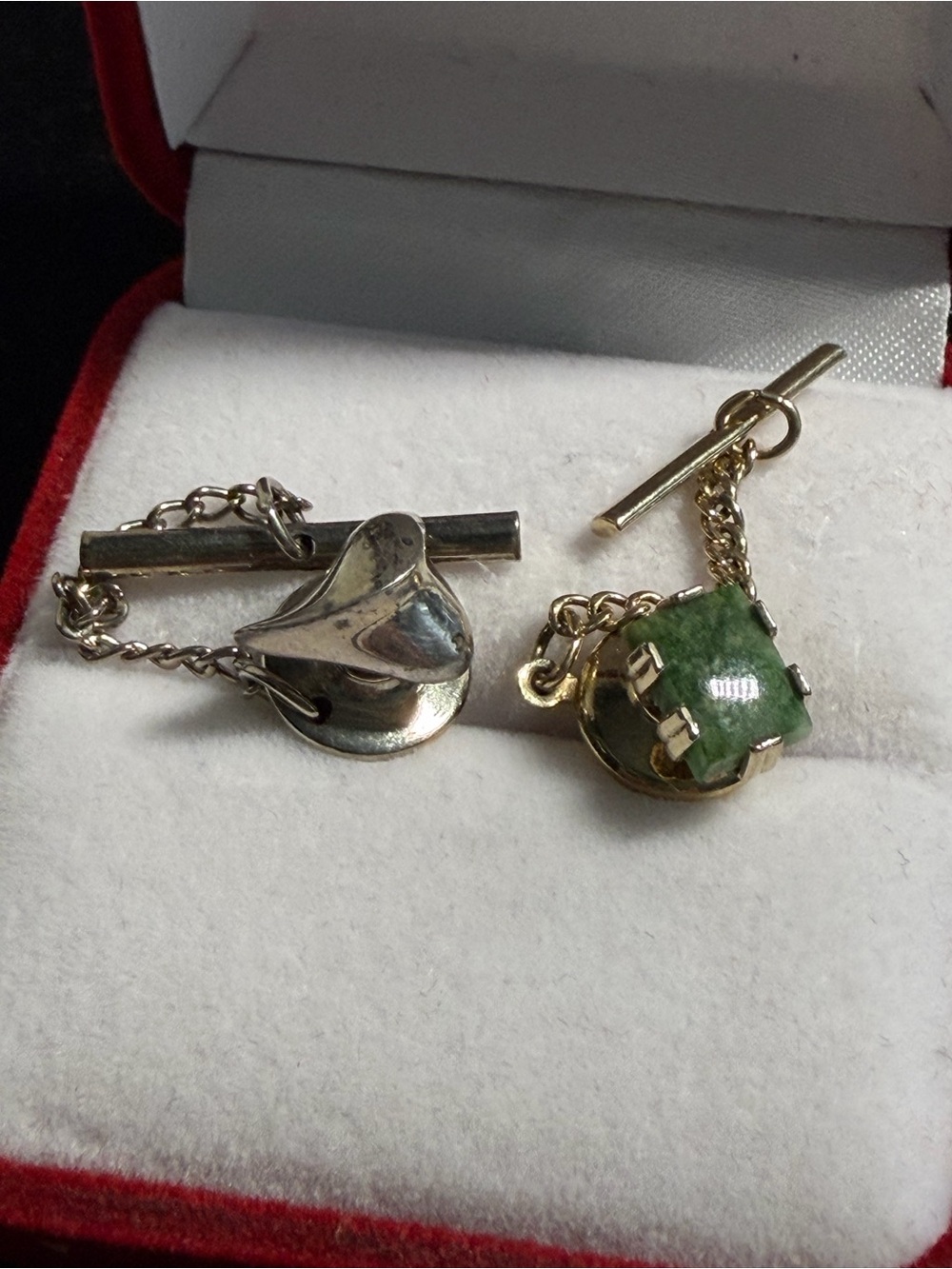 Sterling Silver,Gold Tone Jade Stone Tie Tack Set (2)
